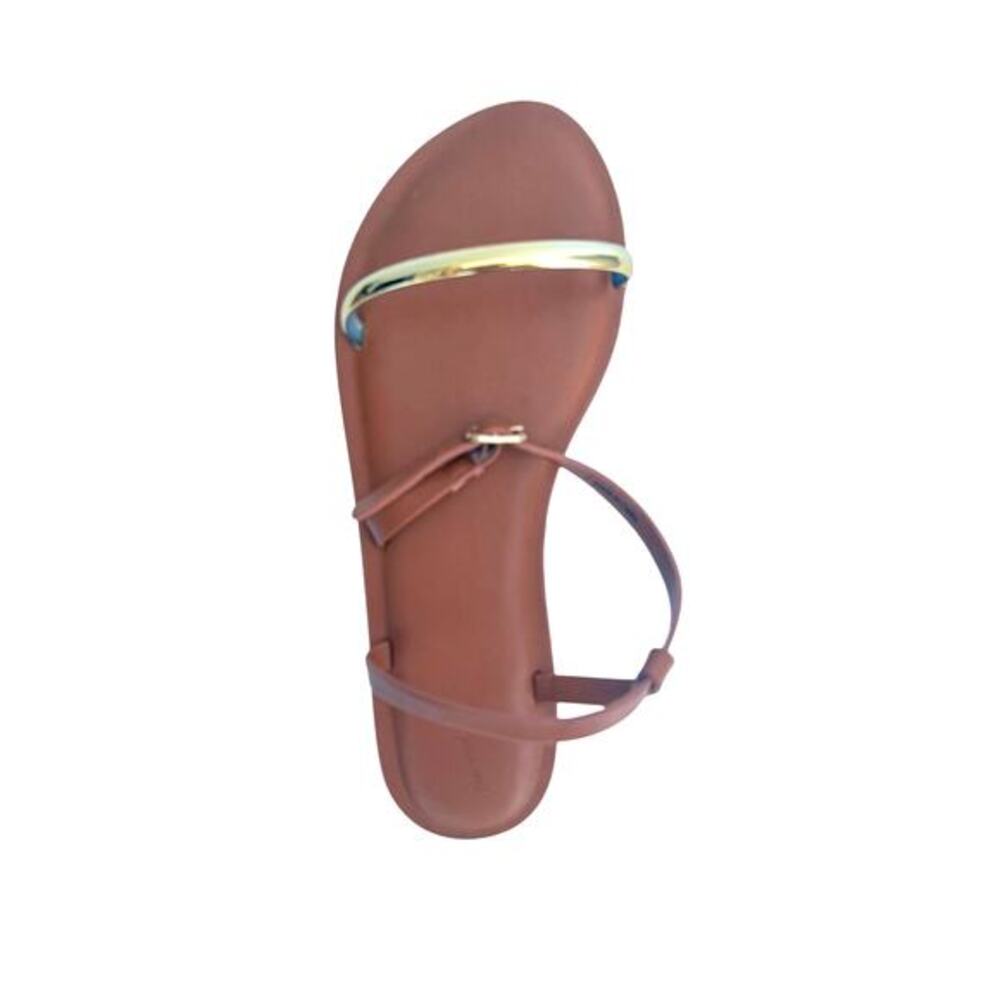 Cognac Gold Bar Flat Sandals Ankle Strap NWOT Size 7